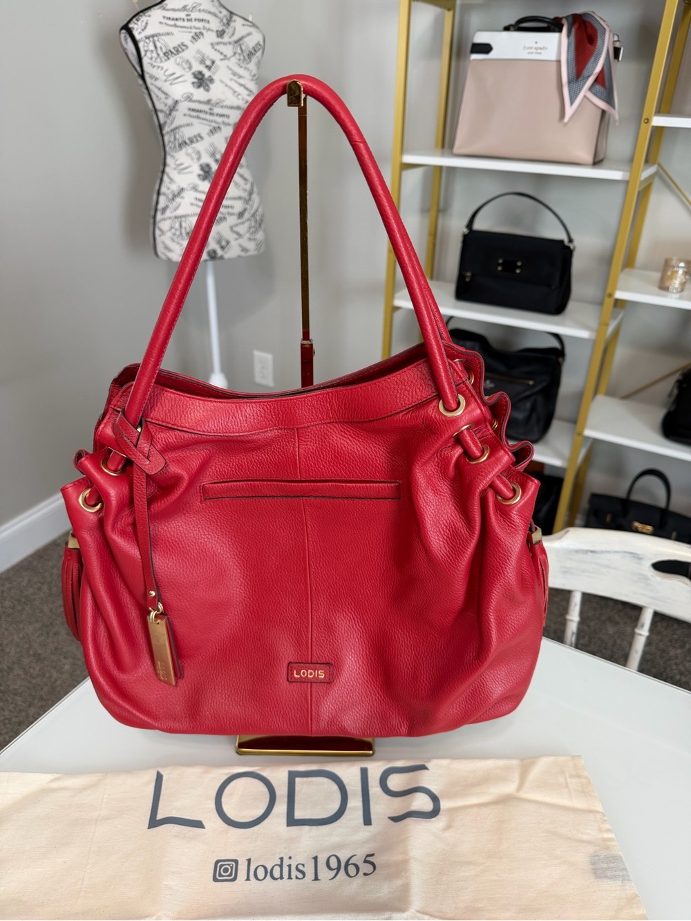 Lodis Zaria Red Pebbled Leather Hobo Shoulder Bag with Gold Hardware